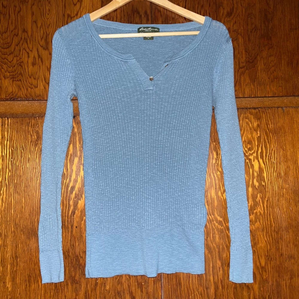 Eddie Bauer Blue V Neck Cable Knit Pullover Super Stretchy Casual Sweater sz XL